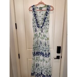 ANTICA SARTORIA STARFISH CORALS & WHITE LONG Maxi Smocked Waist Deep V Beaded